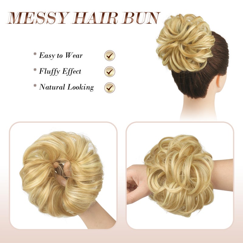 FESHFEN Messy Bun Hair Pieces - Large Wavy Curly Elastic Hair Bun Scrunchies Ponytail Extensions Synthetic Chignon Hairpieces for Women, Strawberry Blonde & Bleach Blonde 1.94oz - Image 3